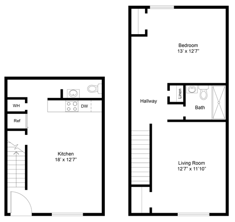 Floor plan for 1 bed, 1 bath, 700 sqft